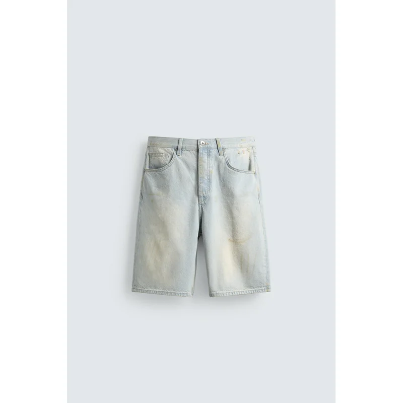 VINTAGE-EFFECT FADED STRAIGHT-LEG DENIM BERMUDA SHORTS